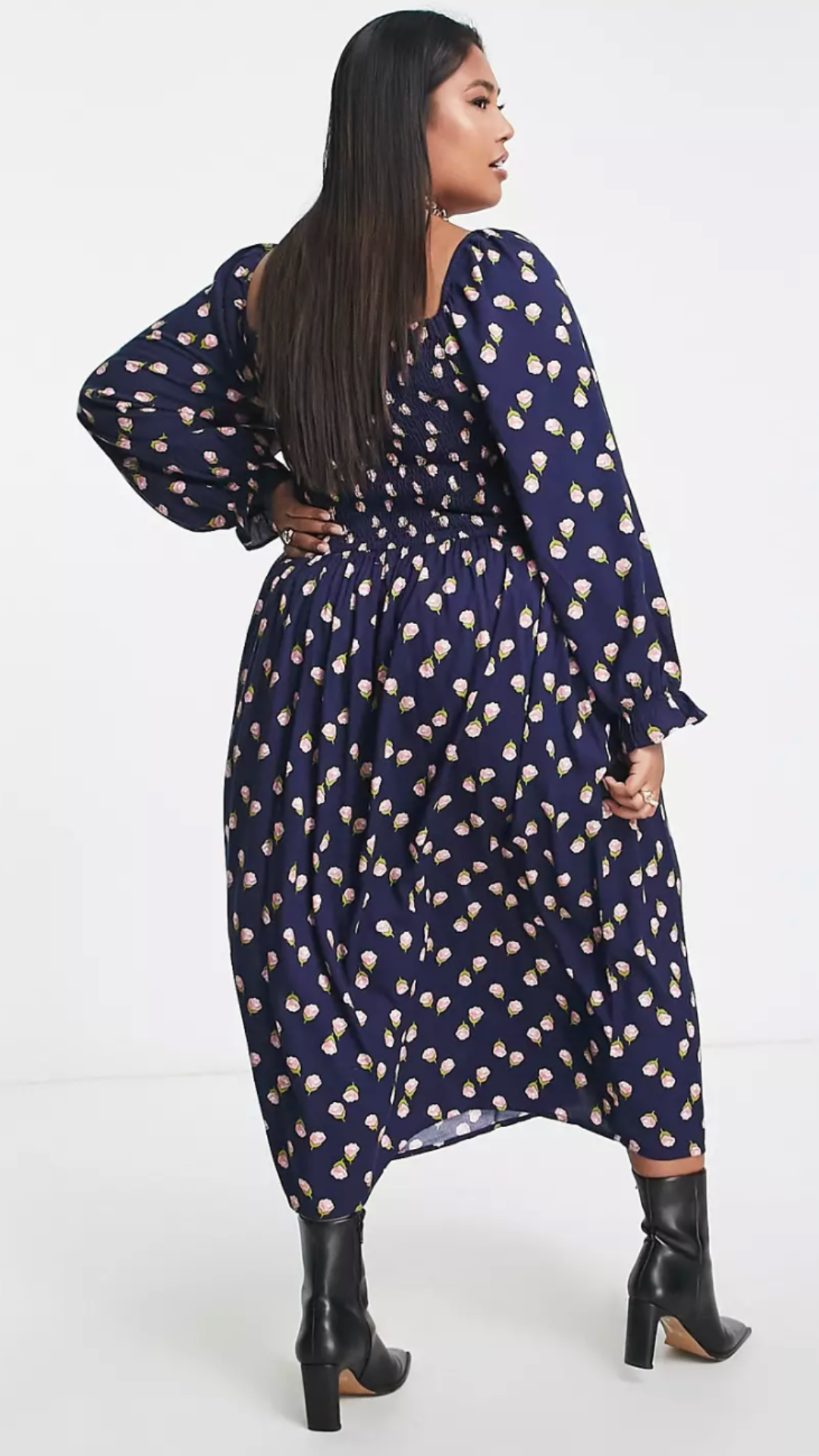 Shirred Square Neck Floral Dress