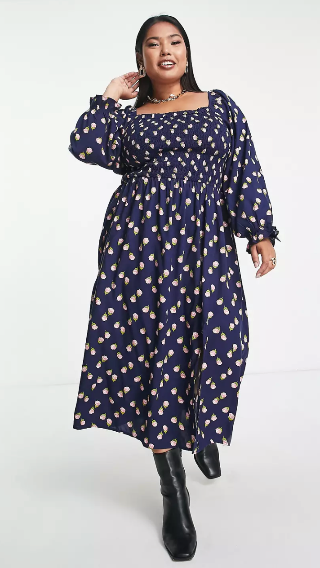 Shirred Square Neck Floral Dress
