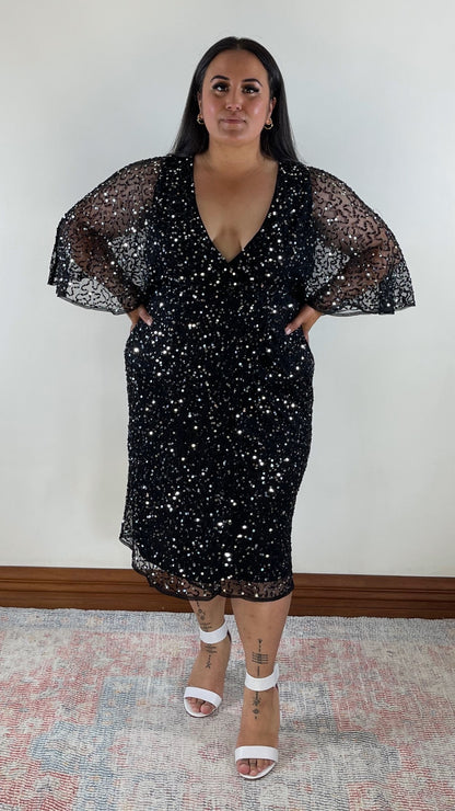 Delicate Sequin Wrap Midi Dress