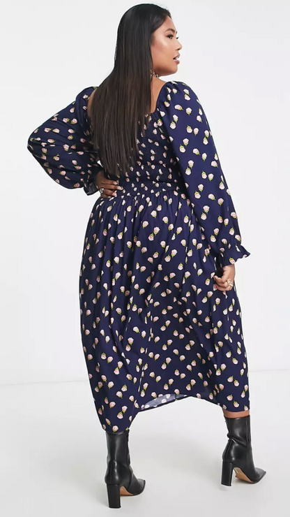 Shirred Square Neck Floral Dress