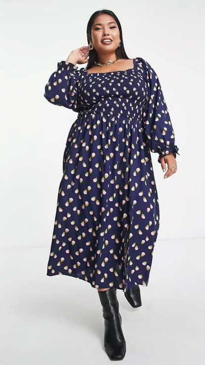 Shirred Square Neck Floral Dress